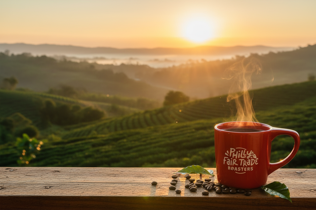 Homepage hero image with sunrise and coffee mug